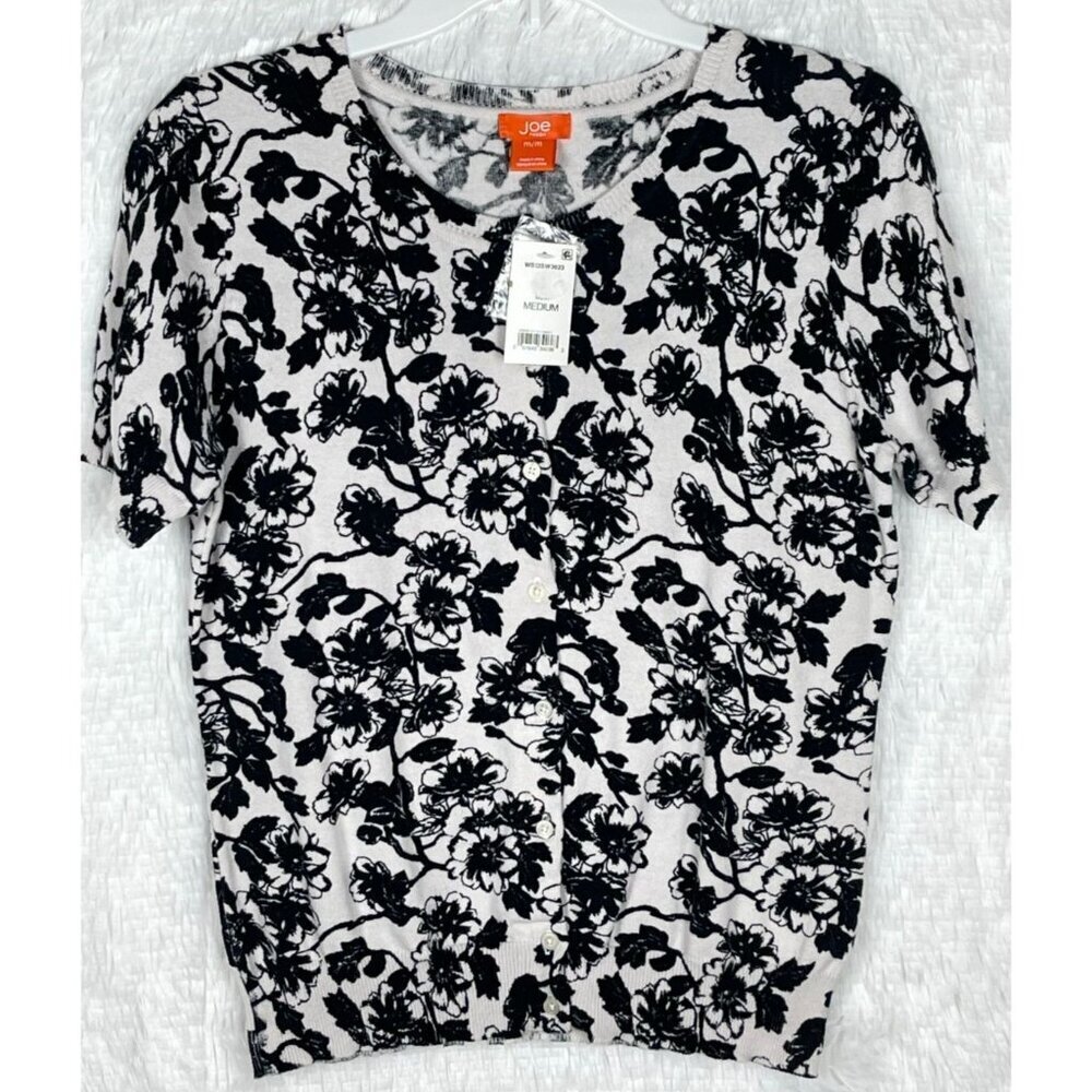 NWT Joe Fresh Medium Black White Cardigan Sweater Button Up Floral Knit Top